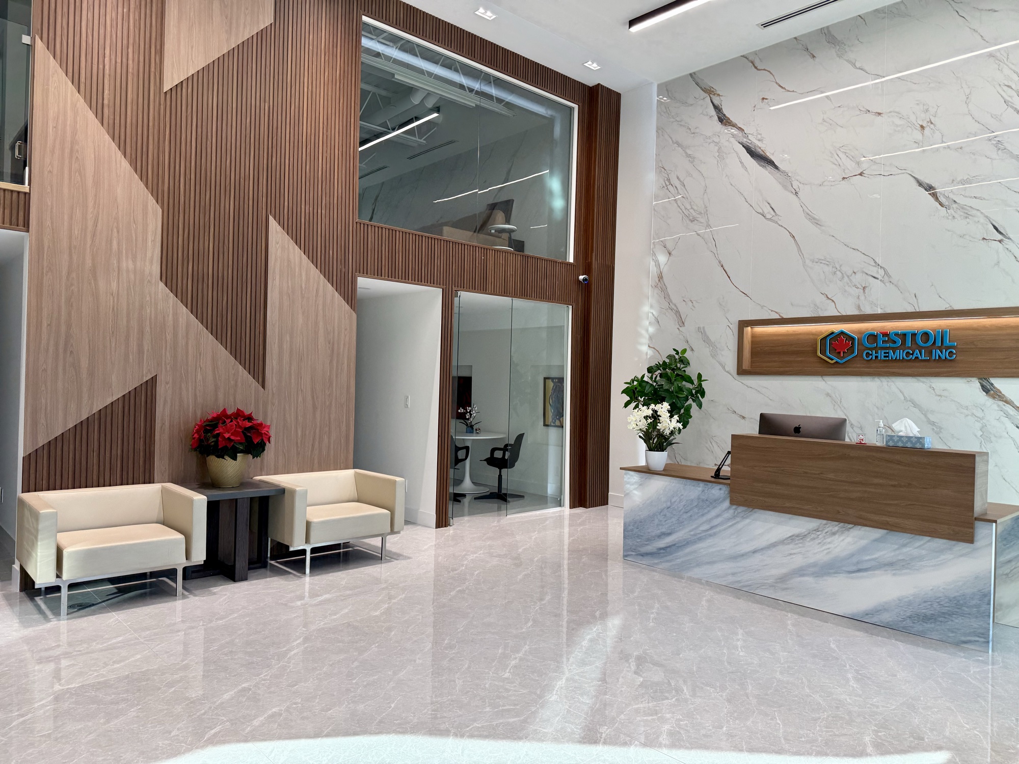 Cestoil Canadian headquarters reception in Richmond Hill, Ontario, with company sign and seating area