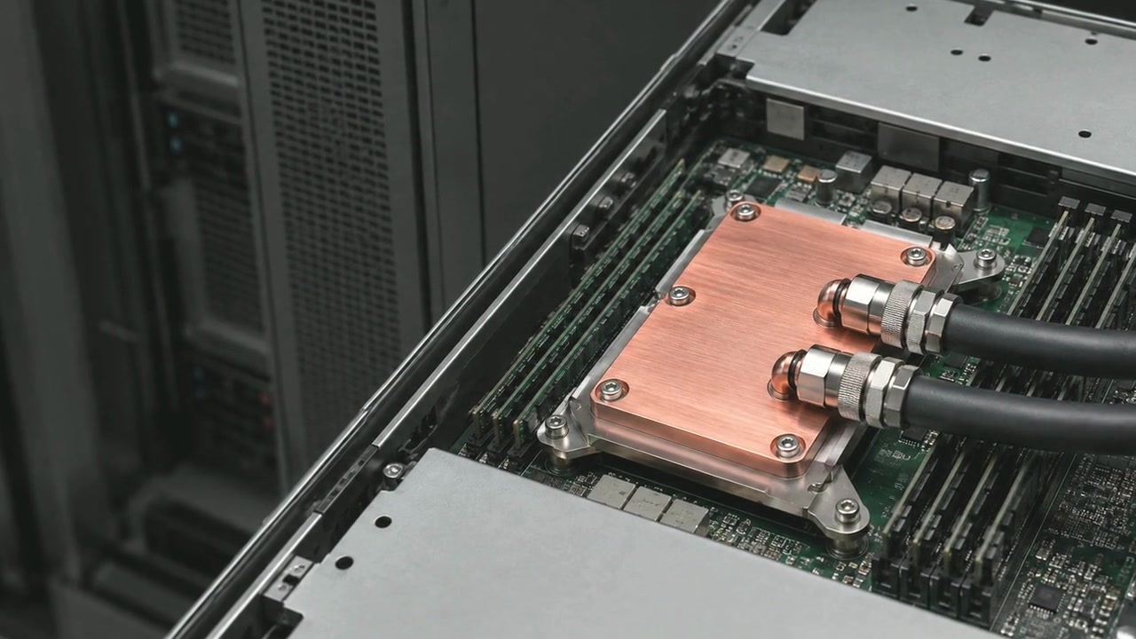Illustration of a liquid-cooling cold plate and coolant connections