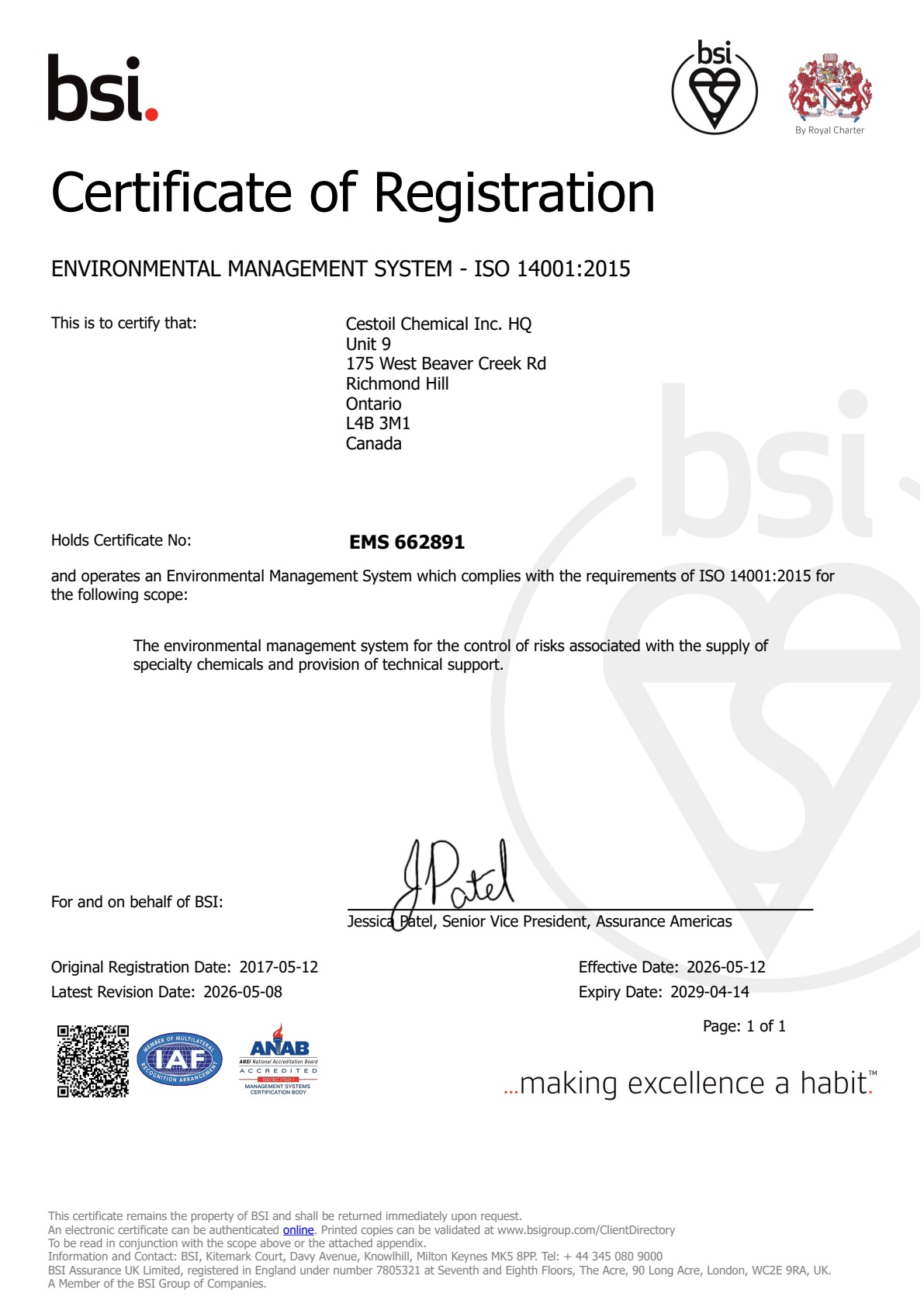 BSI ISO 14001:2015 证书 EMS 662891